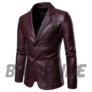 Men's Burgundy PU Leather Blazer Slim Fit Turn-<b>down</b> Collar Single Breasted Smart Casual Jacket Autumn Wear - Product Image 1