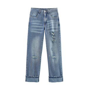Vaqueros anchos de mezclilla para hombre, lavado oscuro, corte holgado, cintura alta, estilo casual urbano, algodón tejido para otoño - Product Image 3