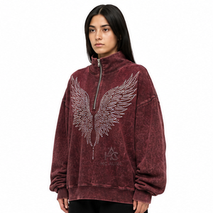 Sweat-shirt en molleton/coton délavé à l'acide, coupe oversize, col montant, épaules tombantes, couleur noire, qualité supérieure, style streetwear hiver, très demandé - Product Image 3