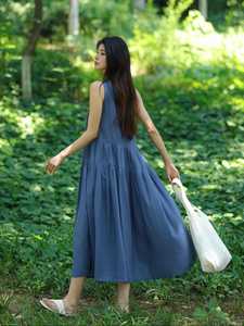 Women Sleeveless Cotton Midi Dress Loose Fit Tiered A Line Casual Summer Dress Blue Minimalist Style - Product Image 4