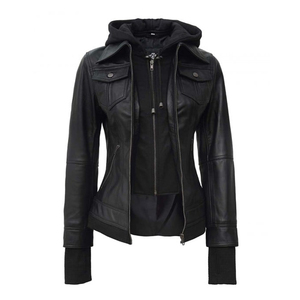 Women's Genuine Leather Hooded Motorcycle Jacket Full Sleeve <b>Zipper</b> Closure Solid Color Autumn Style - Product Image 3