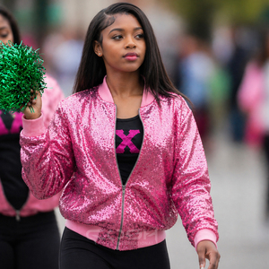 Cosh International Sisterhood Sorority Breathable Pink Sequence Glitter Bomber <b>Jacket</b> Stylish Long Sleeves Eco Friendly <b>Jacket</b> - Product Image 3