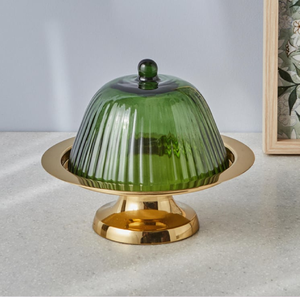 Stunning clear glass dessert riser features a geometric golden metal wire <b>frame</b> for party display available at wholesale prices. - Product Image 4