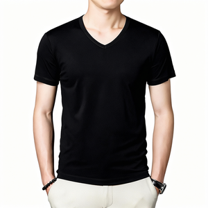 Custom Embroidered Casual Slim <b>Fit</b> Solid Knitted Breathable Blank Modal Cotton Ice Silk Men's Summer <b>V</b>-Neck T-Shirt - Product Image 3