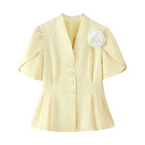 Blazer Peplum para Mujer, Cuello en V Corto, Mangas Abullonadas, Apliques de Flores 3D, Botones Tejidos, Transpirable, Casual de Verano - Product Image 2