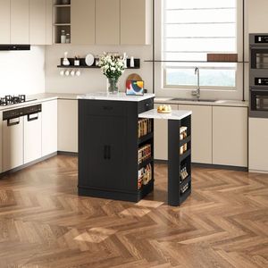 Mobiletto a doppia anta con ripiani aperti, isola estensibile con cassetti - Utilizzabile come tavolo da pranzo, isola cucina temporanea, carrello da cucina - Product Image 3