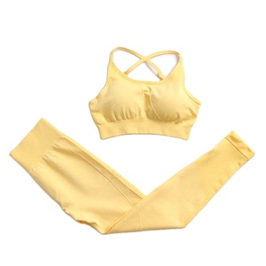 Ensemble de yoga 2 pièces respirant, taille élastique mi-haute, texturé, sans couture, avec soutien-gorge rembourré, grande taille, en Spandex/Nylon, pour le sport - Product Image 6