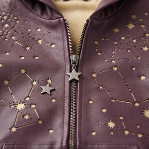 Blouson bomber à capuche violet avec imprimé constellation d'étoiles dorées, fermeture éclair sur le devant, décontracté, unisexe, pour l'automne - Product Image 6
