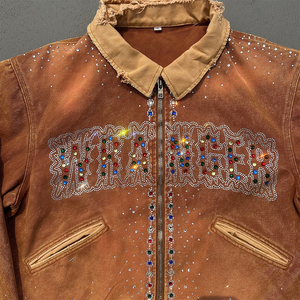 Custom Men's Winter Streetwear Fur <b>Jacket</b> Loose Acid Washed Denim Oversized Embroidered <b>Rhinestone</b> Front Eco-Friendly Windproof - Product Image 3