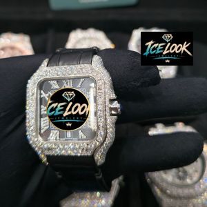 ICE LOOK JEWELERY นาฬิกาควอทซ์คริสตัลแซฟไฟร์ประดับเพชรทรงสี่เหลี่ยมสำหรับผู้ชาย 20 มม. หนังสีดำ 38 มม. แสดงวันที่แบบอนาล็อก - Product Image 2