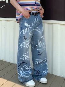 Jeans graffiti tendance pour hommes et femmes, style streetwear américain, amples et cool, pantalons en denim à jambes larges uniques, marque privée - Product Image 3