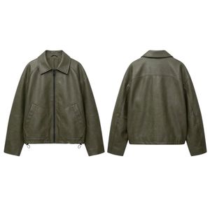Olive Green Soft PU <b>Women</b> <b>Leather</b> <b>Jacket</b> Breathable Comfortable Straight Hem Fold Down Neck Cuffed Sleeves <b>Womens</b> Coats - Product Image 3