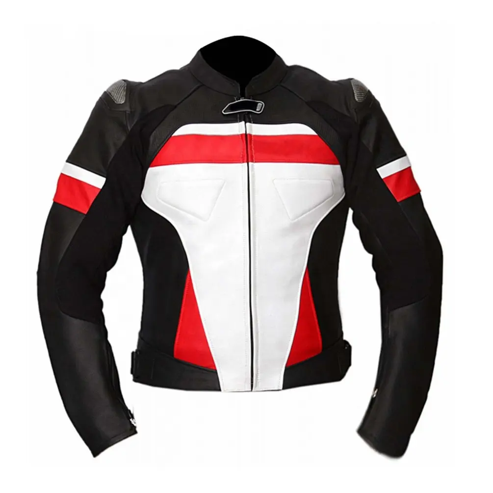 Giacca da corsa in pelle da moto rossa in bianco e nero stile regolare Design personalizzato con armatura abbigliamento da moto e Auto da corsa