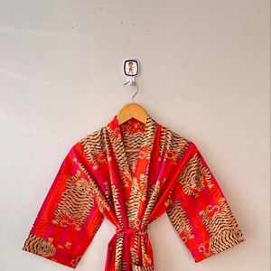 ชุดคลุมกิโมโนผ้าฝ้ายพิมพ์ลายซาฟารีสำหรับผู้หญิง แบบพันรอบตัว ฤดูร้อน/ฤดูใบไม้ผลิ ทำมือ แห้งเร็ว ระบายอากาศได้ดี เสื้อคลุมใส่ในบ้าน ลายชนเผ่า ทำมือ - Product Image 1