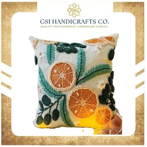 Coussin carré décoratif brodé motif agrumes style bohème en coton, housse amovible lavable – Grande Vente - Product Image 2