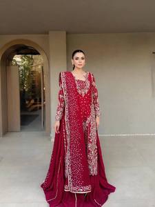 Red Embroidered Salwar Kameez Pakistani Top Dressing Set Long <b>Coat</b> Wedding Festival Wear - Product Image 2