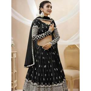 Vestido de cóctel negro de georgette, lehenga choli para recepción con trabajo de zari - Product Image 4