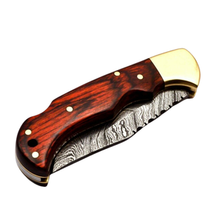 Cuchillos Plegables Hechos a Mano con Acero de Damasco, Mango de Madera Marrón y Bolster de Latón para Camping, Caza y Actividades al Aire Libre - Product Image 5