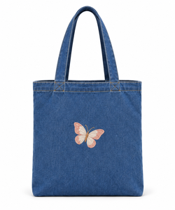 กระเป๋าโท้ทผ้าเดนิมลายผีเสื้อสีน้ำเงินแบบเปิดด้านบนพร้อมหูหิ้ว - Product Image 1