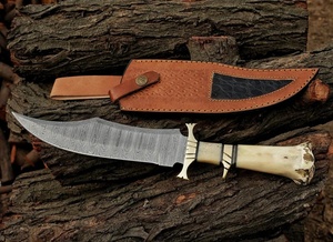 Cuchillo Bowie de Caza de Acero de Damasco PASHA ENTERPRISES, Mango de Hueso de Camello, Funda de Cuero, Grado Industrial, OEM Personalizable - Product Image 6