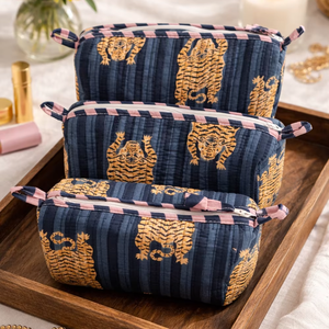 Estuche de Maquillaje Ecológico con Cierre, de Algodón Resistente con Estampado de Rayas de Tigre Azules, Bolsas Indias para Cosméticos de Viaje, Práctico - Product Image 1