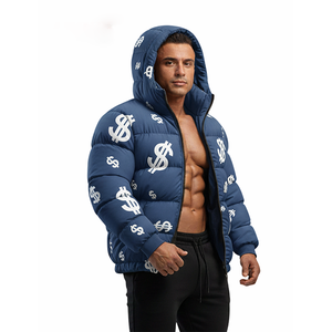 Blouson matelassé bleu à imprimé dollar pour homme, à capuche, streetwear d'hiver, coupe musculation, fermeture éclair, 300 grammes, imperméable, service OEM - Product Image 2