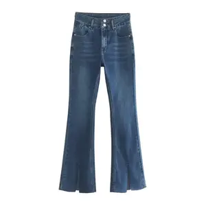 Jeans Azules Personalizados 100% Algodón Lavado, Cintura Media, Corte Recto, Ajuste Regular, Estilo Retro, Casual y Moderno para Mujer - Product Image 1