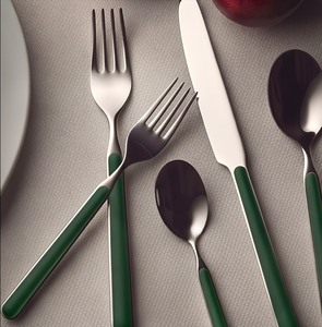 Juego de cubiertos modernos de acero inoxidable con mangos verde bosque, acabado de alto brillo, apto para lavavajillas, ideal para cenas de boda. - Product Image 1