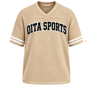 Camiseta Deportiva Beige Personalizada de Punto con Cuello en V, Manga Corta, Rayas, Transpirable, Holgada, Uniforme de Equipo Informal, Ropa al por Mayor - Product Image 1