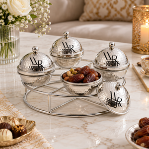 Decorative Silver Snack Bowls with Knobbed Lids and Circular Rack | Premium Tableware for Dates <b>Chocolates</b> Nuts Candy and <b>Treats</b> - Product Image 4
