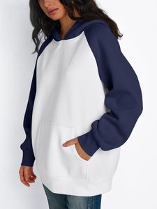 Women Oversized Hooded Sweatshirt White <b>Navy</b> Blue Full Sleeve Fleece Pocket Design Breathable Autumn Wear - Product Image 2
