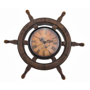 Handcrafted Teak Wood Ship Wheel Wall <b>Clock</b> with Anchor Design | Wholesale - Product Image 1
