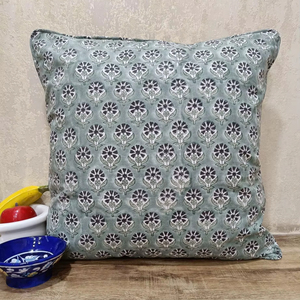 100% Cotton Slub Olive Green Buti Vintage Zipper Closure <b>Cushion</b> Cover Pillow Real Hand Block Printed Front <b>Back</b> 45x45cm - Product Image 1