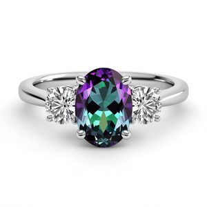 Anillo de Oro Sólido de 18K con Dos Piedras: Alejandrita de Laboratorio y Diamante de Laboratorio, Anillo de Joyería Fina con Alejandrita Ovalada y Diamante en Forma de Pera - Product Image 6