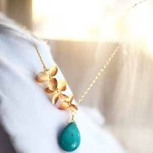 Collier turquoise, fleur d'orchidée, bijoux faits à la main, argent sterling 925, plaqué or 14 carats, pierres précieuses bohèmes, cadeau pour femme - Product Image 1