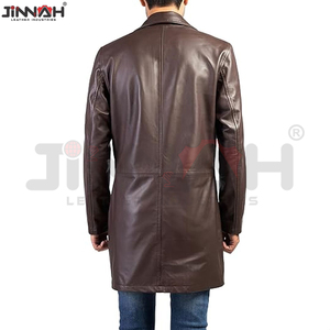 New Long Jet <b>Black</b> Leather Coats Fully Customized With Front Style Double-breasted Buttons Belt Collar Style Shirt Center - Product Image 5