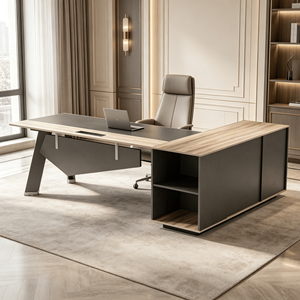 Bureau de direction moderne en forme de L avec verre et MDF, rangement ouvert, grand poste de travail informatique industriel - Product Image 1