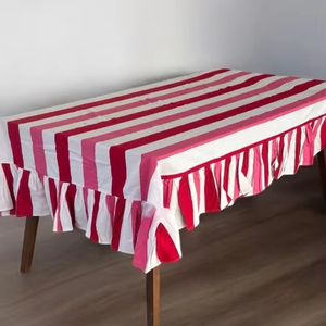 ผ้าปูโต๊ะลายทางสีแดงชมพูและสีขาว ผ้าฝ้ายลายทางสไตล์ทะเล ผ้าปูโต๊ะงานแต่งงาน ผ้าปูโต๊ะลายทางผ้าฝ้าย - Product Image 1