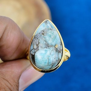 Natural Blue Amazonite Pear Shape Gemstone Ring 18k Gold Micron Over 925 Sterling Silver - Product Image 2