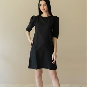 Women's Black Solid Cotton Sheath <b>Dress</b> <b>with</b> Puff <b>Sleeves</b> Pearl Detailing Printed in Digital Made of <b>Chiffon</b> Fabric Polyester - Product Image 1