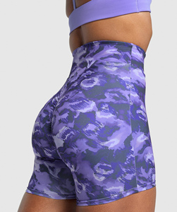 Purple Camo Print High <b>Waist</b> Sport <b>Shorts</b> <b>Women</b> Breathable Knitted Fitness Wear Regular Fit <b>Elastic</b> <b>Waist</b> - Product Image 5
