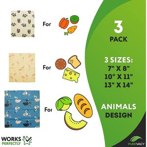 Riutilizzabile cotone naturale cera d'api impacchi 3 Pack animali stampa per piccole medie grandi alimenti sostenibile Wrap di cera d'api lavabile - Product Image 2