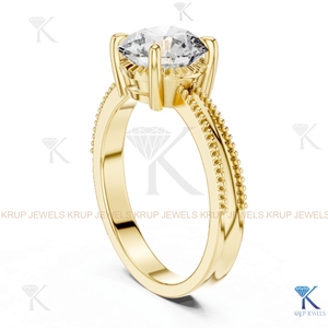 แหวนเพชรทรงกลมเจียระไนแบบ IGI Certified Lab Grown Diamond ประดับเพชรเม็ดเดี่ยวในตัวเรือนทองคำแท้ทรงมงกุฎแบบวินเทจ - Product Image 4