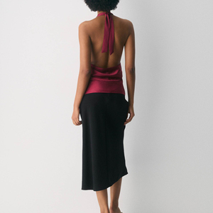 Top formal halter para mujer, sexy sin espalda, sin mangas, holgado de satén para verano, blusa halter personalizada para oficina - Product Image 5