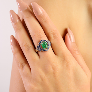 Women's Natural Emerald & Blue Sapphire May Birthstone Cluster <b>Statement</b> <b>Ring</b> Unique Vintage Inspired Design Jewelry - Product Image 4