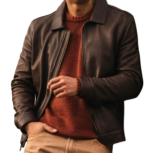 <b>Mens</b> Dark Brown Genuine Leather Streetwear Jacket <b>Shirt</b> Collar Zip Front Slim Fit Minimalist Premium Casual OEM <b>Winter</b> Outerwear - Product Image 2