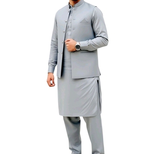 Ensemble Kurta Pajama gris clair pour homme, tenue traditionnelle indienne et pakistanaise pour mariage, avec gilet, ensemble 3 pièces - Product Image 5