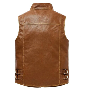 <b>Men's</b> Brown Leather Winter Breathable Moto <b>Vest</b> with Adjustable Waist Belt Turn-down Collar Regular Fit Outerwear - Product Image 3
