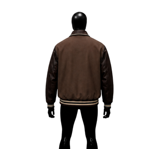 Chaqueta Varsity Personalizada Marrón y Negra para Hombre, Mangas de Cuero, Cuerpo de Lana, Botones a Presión, Cuello Camisero, Ropa Casual de Otoño, Estilo Urbano - Product Image 2