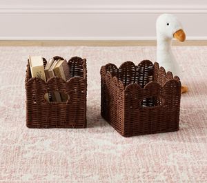 Eco Friendly Wholesale Scallop Edge Dark Brown Rattan Kids Storage <b>Basket</b> Cheap Price Woven Toy Book <b>Cube</b> Bin Bulk Manufacturer - Product Image 1